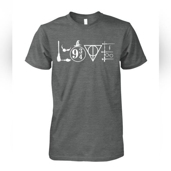 GILDAN Harry Potter Hogwarts symbols graphic tee gray Small UNISEX EUC - Picture 1 of 5